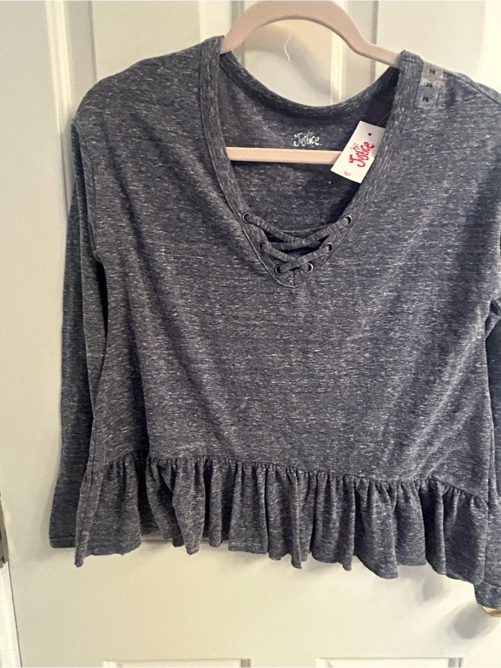 NWT-Justice Bluish/Gray Lace-Up Ruffle Hem Long Sleeve Top